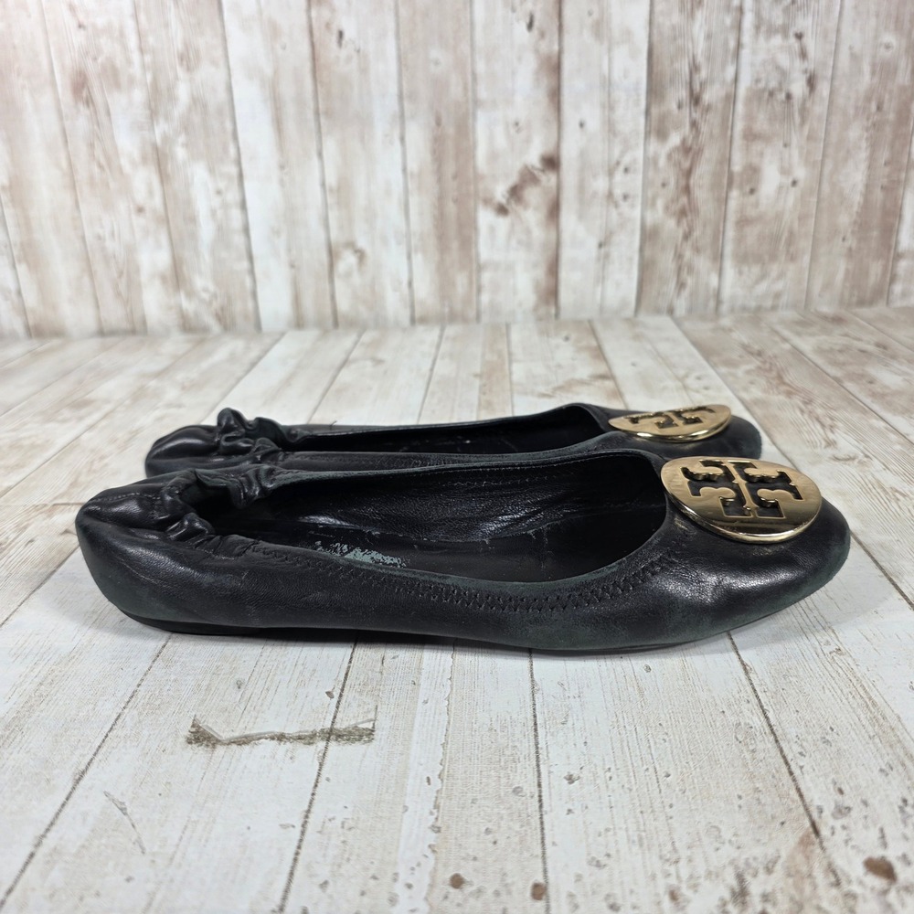 Tory Burch Black Leather Ballet Flats Gold Logo Women's Size‎ 8